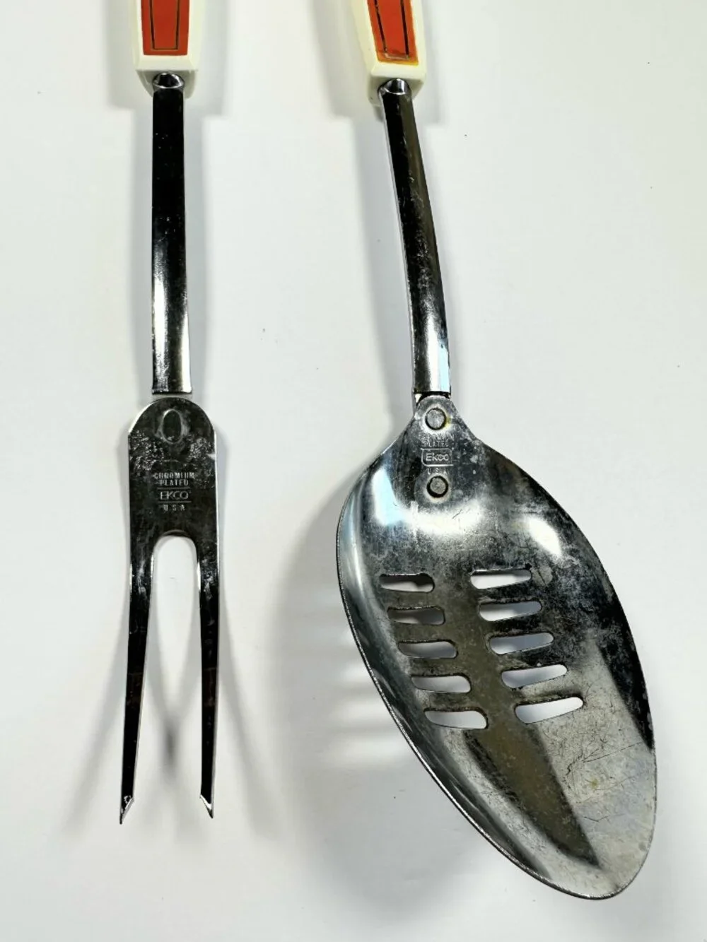 EKCO Chromium Plated Utensil Set Of Two Fork &‎ Slotted Spoon Orange Handles